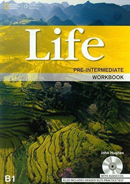Boekomslag Life Pre-Intermediate Workbook B1 met CD. Groene en gele tinten, berglandschap.
