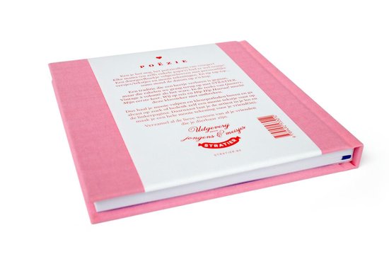Achterkant roze poëziealbum met beschrijving en uitgeverij 'Stratier'.