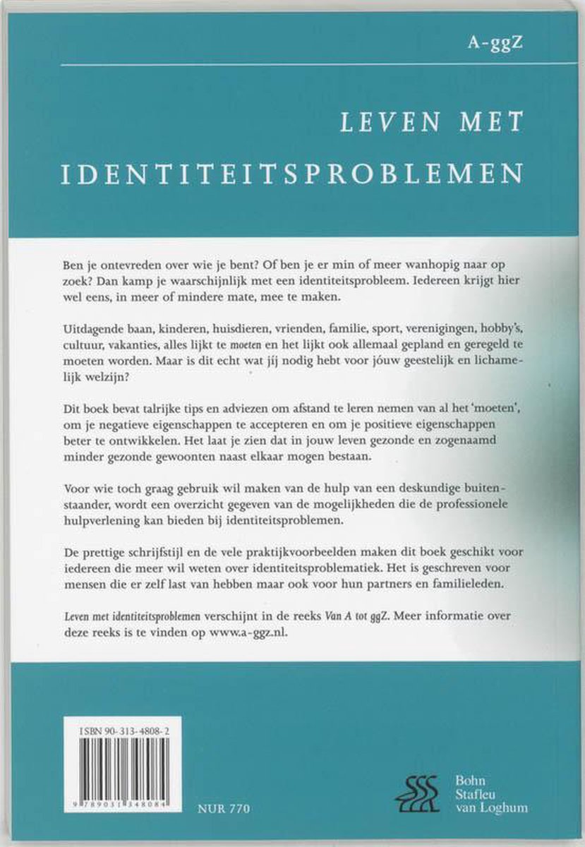Achterkant van het boek 'Leven met identiteitsproblemen' met tekst en een barcode.