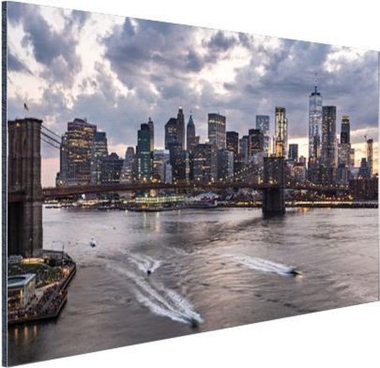 Wanddecoratie Metaal - Aluminium Schilderij Industrieel - New York - Brooklyn Bridge - Manhattan - 60x40 cm - Dibond - Foto op aluminium - Industriële muurdecoratie - Voor de woonkamer/slaapkamer
