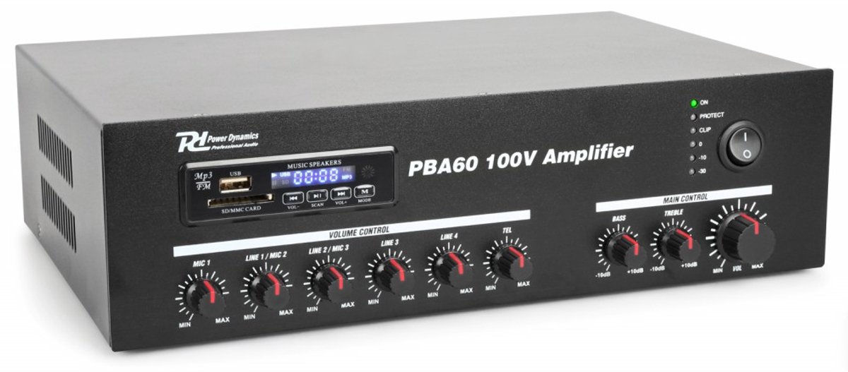 PBA60 100V versterker 60W van Power Dynamics met Bluetooth, Radio & USB SD speler