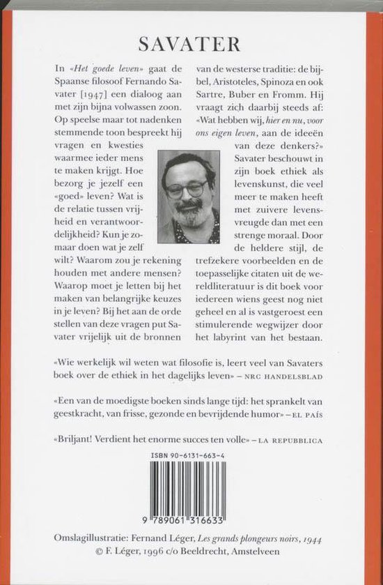 Rug van het boek Het goede leven met een portret van Fernando Savater en tekst over filosofie.