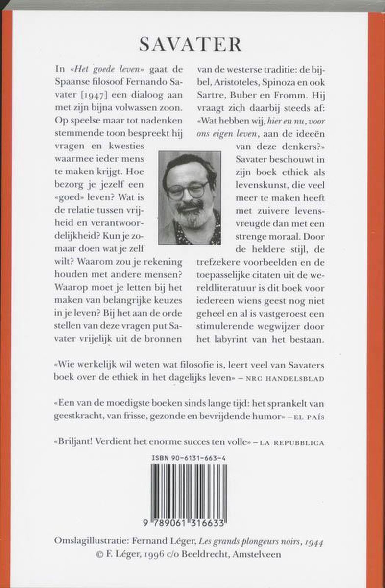 Rug van het boek Het goede leven met een portret van Fernando Savater en tekst over filosofie.
