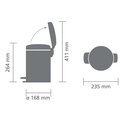 Technische tekening van een zilverkleurige prullenbak met afmetingen: 264 mm hoog, 411 mm met deksel open, diameter 168 mm, breedte 235 mm.
