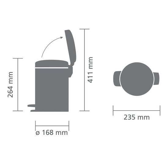 Technische tekening van een zilverkleurige prullenbak met afmetingen: 264 mm hoog, 411 mm met deksel open, diameter 168 mm, breedte 235 mm.