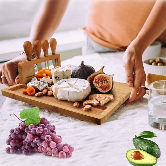 Bamboe Kaas Snijplank Groot Met 4 Stuk Knife-Set-Charcuterie Serveerplateau Serveer Tray Cheeseboard Voor Bruiloft Kerst Verjaardag Verjaardag Verjaardag Wijn Feesten