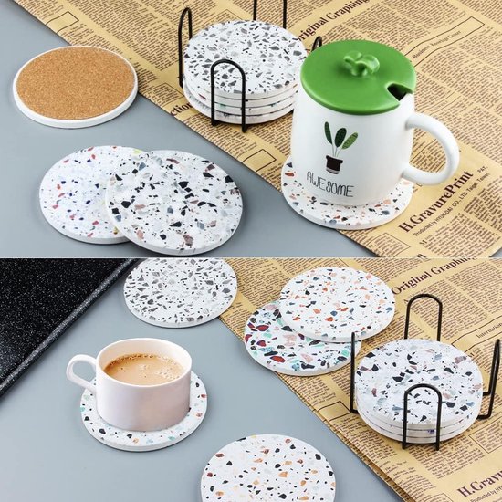 Lot De 6 Sous-Verres Ronds En Céramique Marbre Avec Base Liège Et Support - 10,2 Cm, Protection Table Élégante