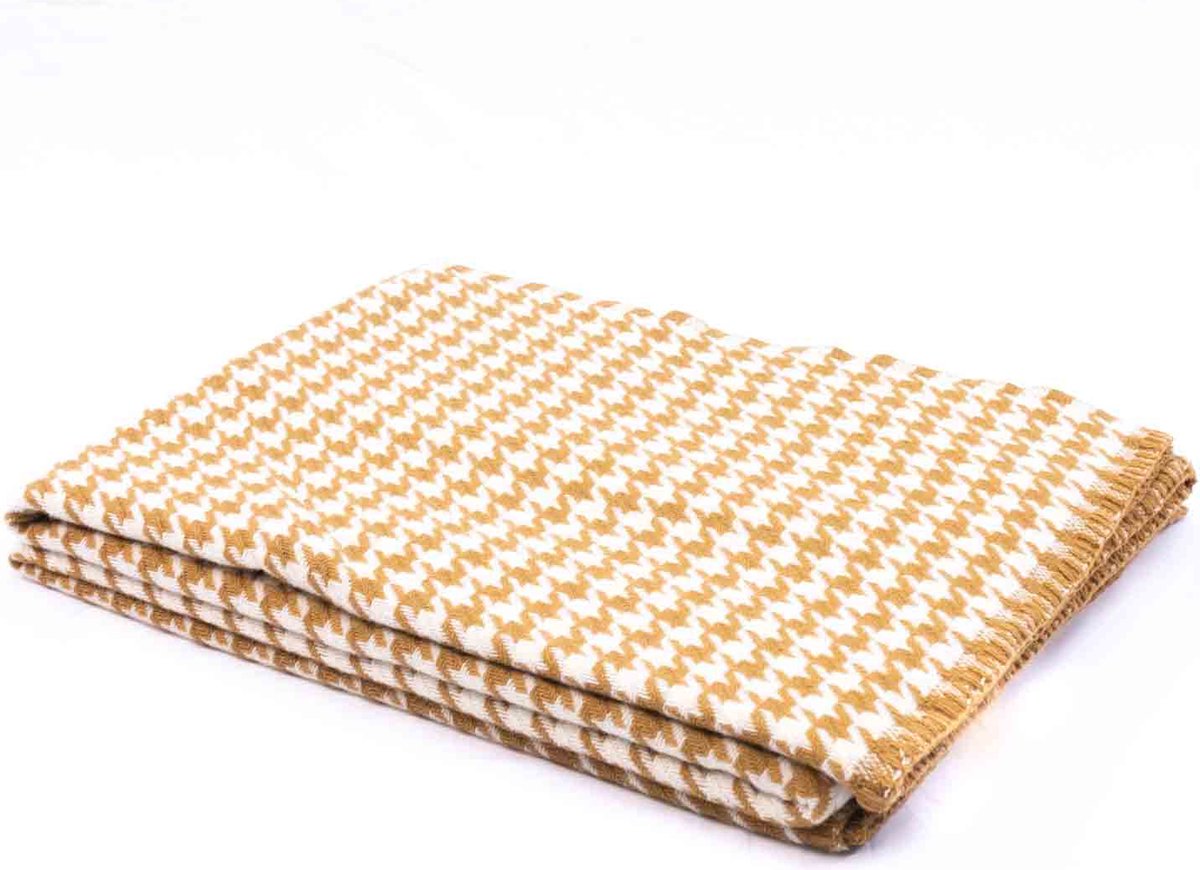 Røros Wollen Plaid - Geel/Oker - Pied-de-poule patroon - Røros - 200x150cm GeelOker