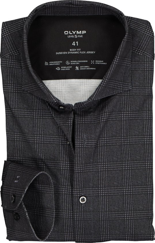 OLYMP Level 5 body fit overhemd 24/7 - tricot - zwart met grijze Prince de Galles ruit (contrast) - Strijkvriendelijk - Boordmaat: 39