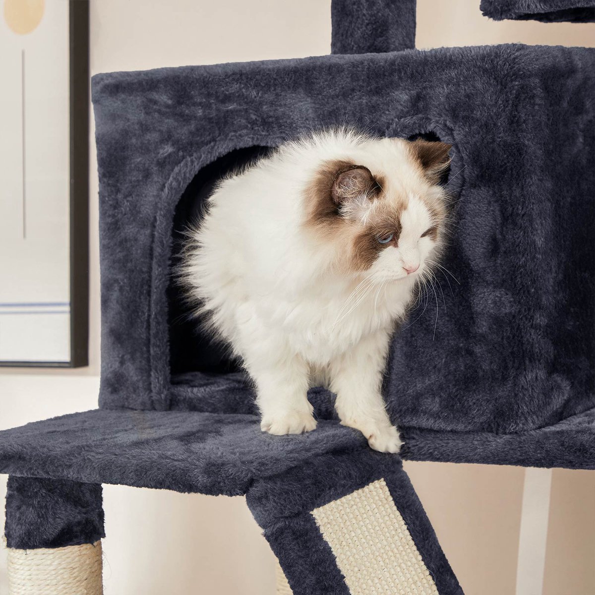 Krabpaal groot, 206 cm hoog, XXL kattenboom, met 13 krabzuilen, 2 platforms, 2 holten, mand, hangmat, pluche ballen, meerlaagse kattenkrabpaal, rookgrijs thumbnail 3