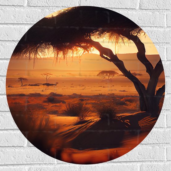 Muursticker Cirkel - Savannah - Woestijn - Bomen - Zand - Droog - 70x70 cm Foto op Muursticker