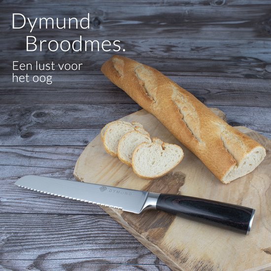Dymund Broodmes - 20cm Lemmet - Gekarteld Mes met Damascus Patroon - RVS - Cadeauverpakking - Zilver - Dymund