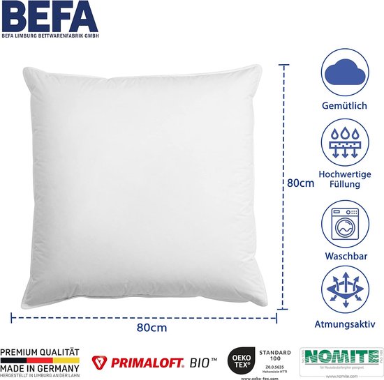 BEFA NATUR Made in Germany Hoofdkussen 80x80 cm met 30% dons en 70% veren klasse 1, wit, vulgewicht: 1100g. Geschikt voor mensen met een allergie ( nomite), downpas