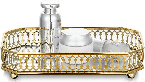 Mirror Glass Makeup Tray, Gold Rectangle Decorative Tray Candle Plate Jewelry Box Storage Organizer Mirror Vanity Tray for Sideboard Bathroom Bedroom Home Decorations