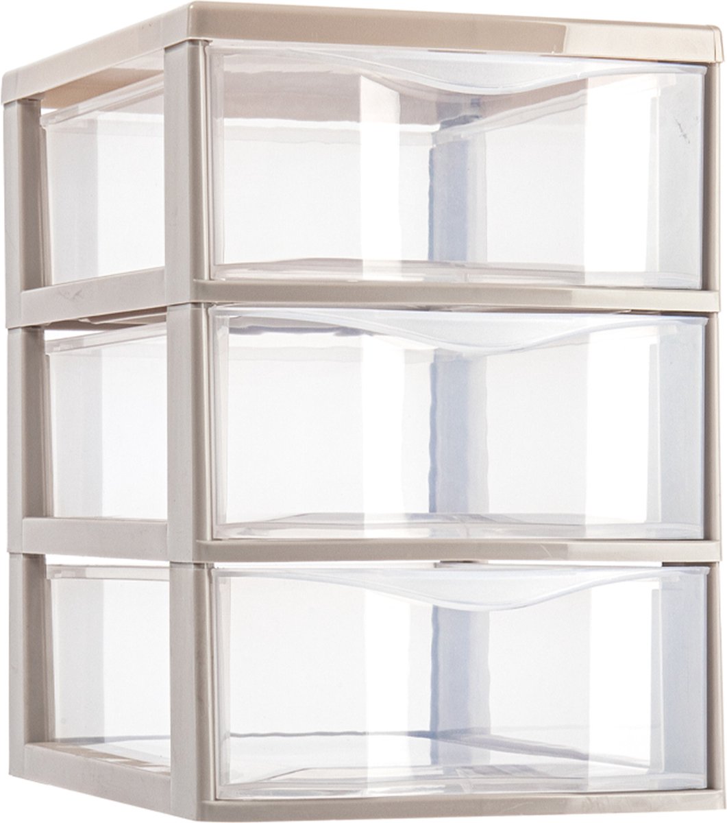 Plasticforte Ladeblokje/bureau organizer met 3x lades - transparant/beige - L18 x B25 x H25 cm