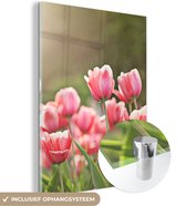 MuchoWow® Glasschilderij 60x80 cm - Schilderij acrylglas - Tulpen - Zon - Lente - Foto op glas - Schilderijen