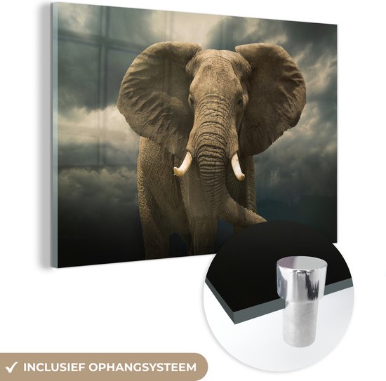 MuchoWow® Glasschilderij 120x80 cm - Schilderij acrylglas - Afrikaanse olifant tegen de donkere wolken - Foto op glas - Schilderijen