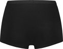 Achterkant van een zwarte dames short met elastische tailleband.