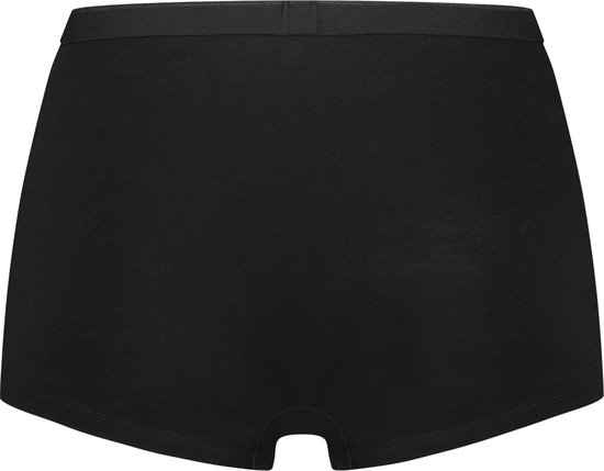 Achterkant van een zwarte dames short met elastische tailleband.