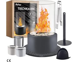 Bio-Ethanol Tafelhaard voor Binnen en Buiten met 2 Verbrandingskamers - Eindeloze Brandduur - Inclusief Decoratieve Stenen en Siliconen Warmtegeleidpad - Perfect voor Balkon, Terras en Woning