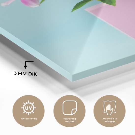 MuchoWow® Peinture sur verre 20x20 cm - Peinture sur verre acrylique - Pivoine rose sur fond bleu - Photo sur verre - Peintures