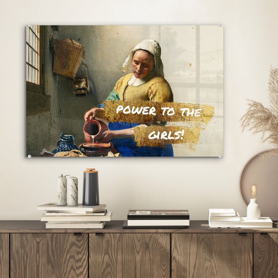MuchoWow® Peinture sur verre 60x40 cm - Peinture sur verre acrylique - Melkmeisje - Or - Citations - Peinture - Maîtres anciens - Photo sur verre - Peintures