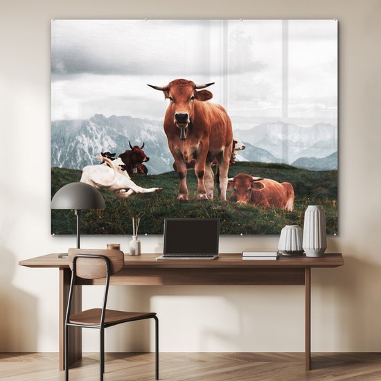 MuchoWow® Peinture sur verre 160x120 cm - Peinture sur verre acrylique - Animaux - Vache - Berg - Photo sur verre - Peintures