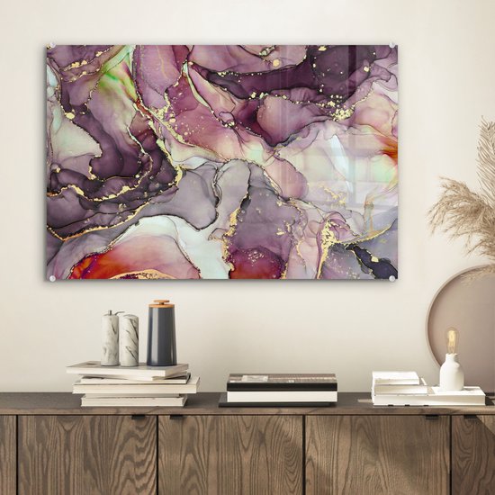 MuchoWow® Peinture sur Verre - Marbre - Rouge - Violet - Or - 60x40 cm - Peintures sur Verre Acrylique - Photo sur Glas