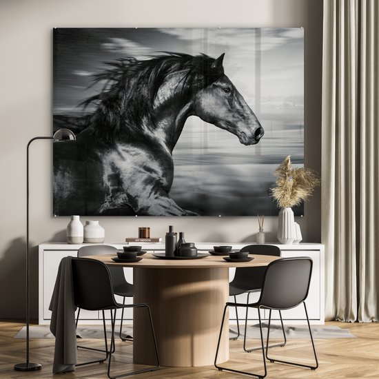 MuchoWow - Peinture sur verre - Photo sur verre - Verre acrylique - Animaux - Cheval - Nature - Zwart et blanc - Décoration murale - 160x120 cm - Peinture cheval - Peintures de salon