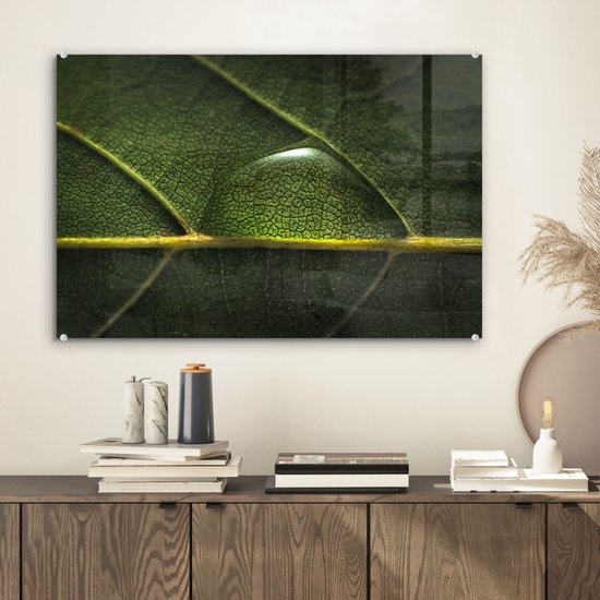 MuchoWow® Peinture sur verre 60x40 cm - Peinture sur verre - Photo de goutte d'eau sur une feuille botanique - Photo sur verre acrylique - Peintures