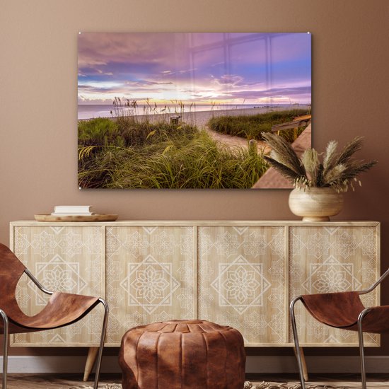 ® Glasschilderij 90x60 cm - Schilderij acrylglas - Kleurrijke hemel boven het strand in Florida - Foto op glas - Muurdecoratie woonkamer - Wanddecoratie slaapkamer - Schilderijen