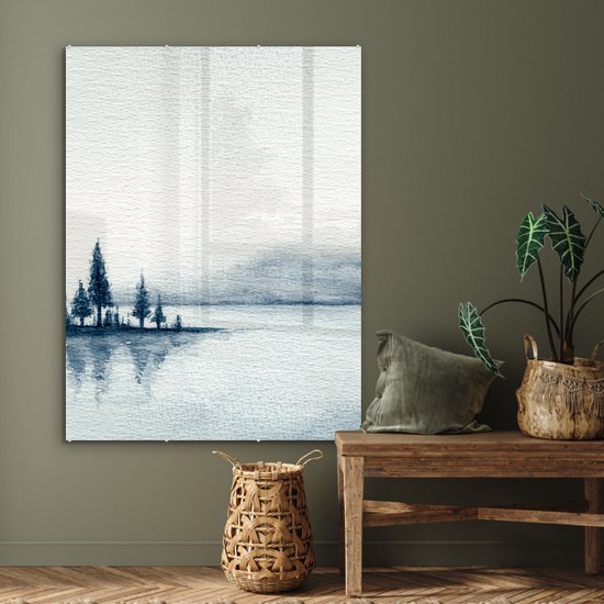 MuchoWow® Peinture sur verre 90x120 cm - Peinture sur verre acrylique - Une illustration d'un lac dans la brume - Photo sur verre - Peintures