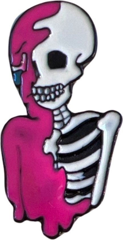 Geraamte Skelet Knalroze Emaille Pin 1.9 cm / 3.7 cm / Roze Wit Zwart