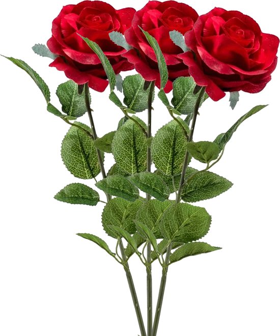 Emerald Kunstbloem roos Marleen - 3x - rood - 63 cm - decoratie bloemen