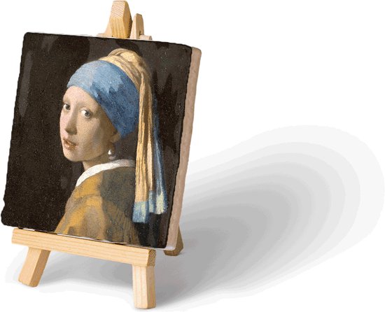 Kunsttegeltje - Meisje met de Parels van Vermeer - Met houten ezeltje