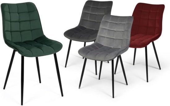 Set van 4 Mady fluwelen stoelen Mix Color groen, lichtgrijs, donkergrijs, bordeauxrood
