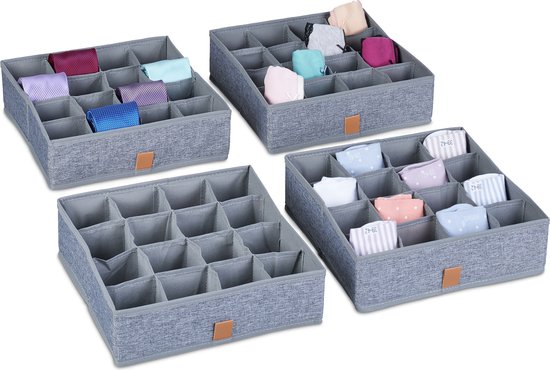 Relaxdays ondergoed organizer - set van 4 - 16 vakken - sokken opberger - voor kledingkast