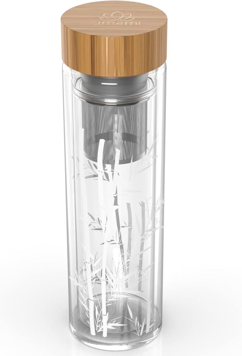 Glazen waterfles met thee-ei en antislipdeksel, dubbelwandig borosilicaatglas, met bamboe deksel, 482 ml, ontwerp: bamboe