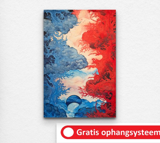 schilderij rood - aluminium schilderij - abstracte kunst - schilderij staand - schilderij blauw - yin yang schilderij - 50 x 70 cm 3mm