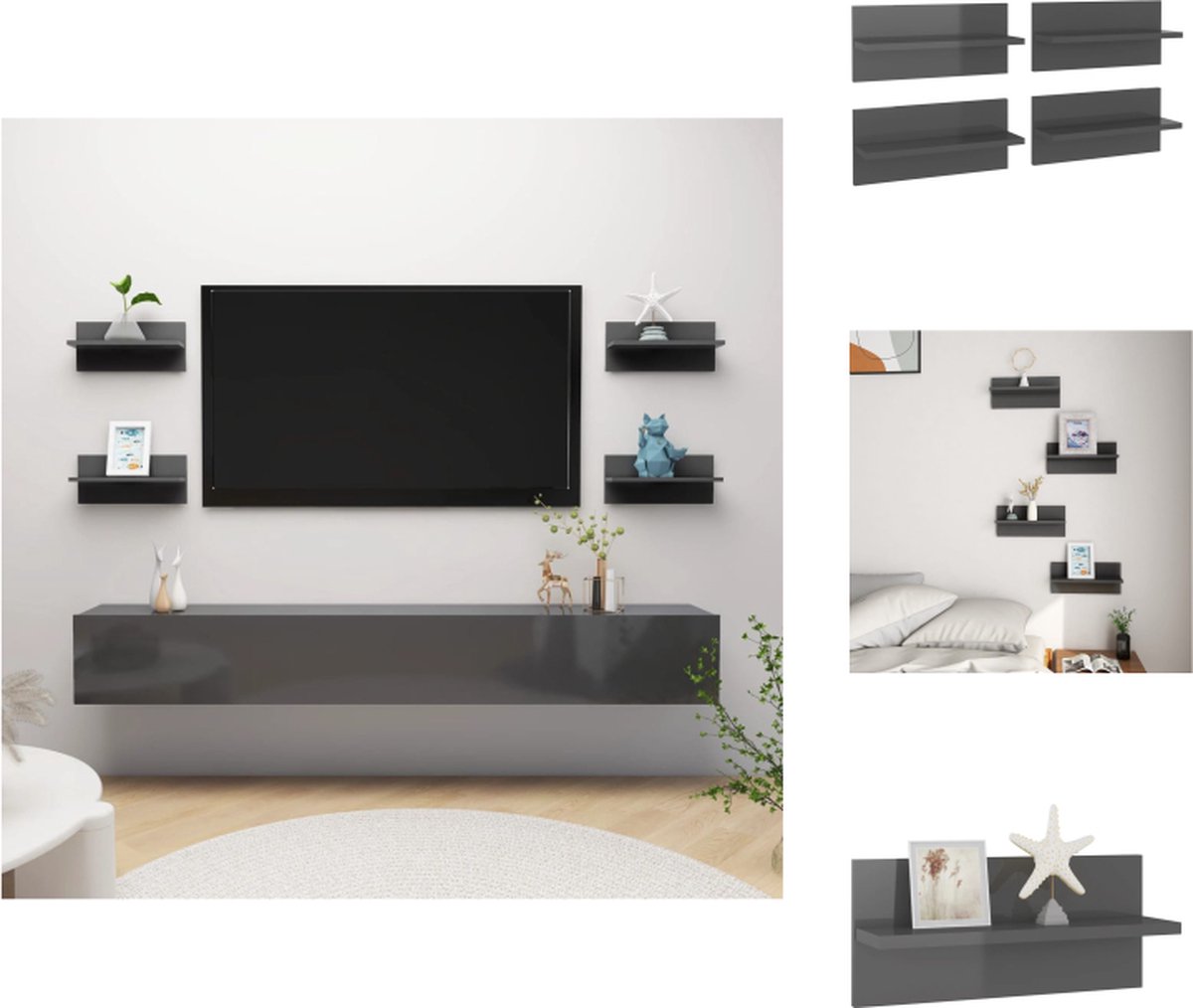 VidaXL Wandplank hoogglans grijs bewerkt hout 40 x 11.5 x 18 cm set van 4 Wandsteun