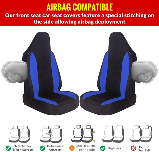 Zwarte autostoelhoezen met blauwe accenten, compatibel met airbags.