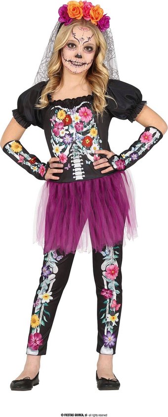 Guirca - Costume espagnol et mexicain - Squelette de jardin sur le ventre - Fille - Violet, Zwart - 7 - 9 ans - Halloween - Déguisements