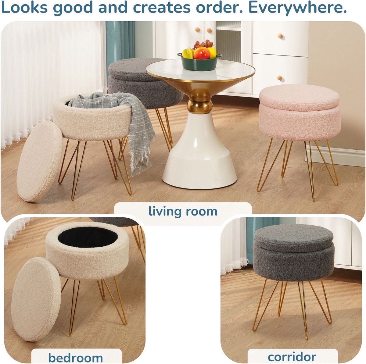 Albatros Cannes Kruk met opbergruimte, modern design, elegante sherpa- overtrek, zitkist of zitbank met opbergruimte, optimaal als voetenbank of kruk, make-uptafel, roze