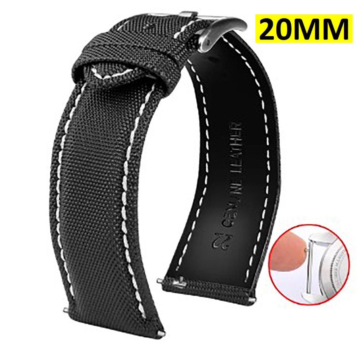 Nylon Horlogeband - Roestvrij Staal - Horlogeband - Zwart Wit - 20MM