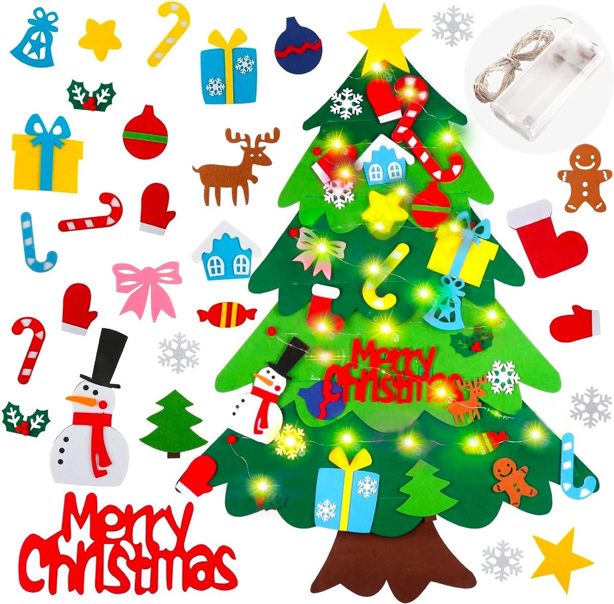 Trend24 - Vilten kerstboom voor kinderen - Vilten kerstboom - Kerstboom vilt - Vilten kerstboom met verlichting - Vilten kerstboom voor kinderen met verlichting - Vilt - Met LED slinger - Met 30 ornamenten - Groen - Veelkleurig - 69 x 98 cm