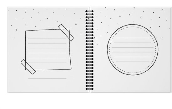 Een open boek met een leeg vierkant vastgeplakt met tape en een lege cirkel, versierd met stippen.