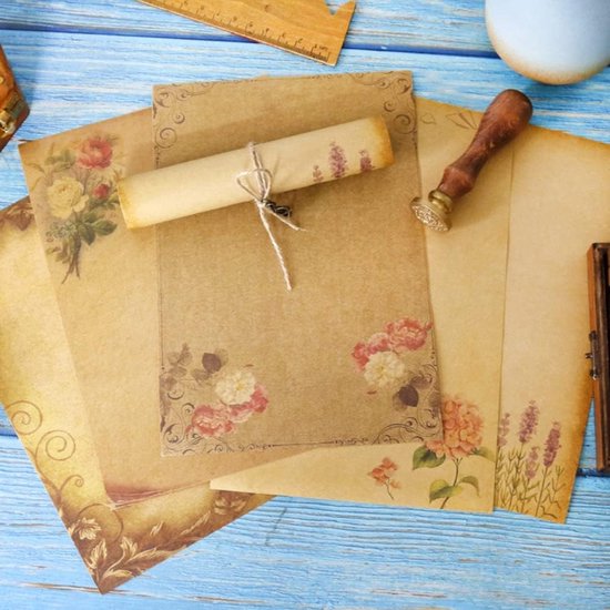 SAMSYOKI Vintage briefpapier met envelopset, 48 vellen briefpapier, 24 enveloppen, 24 retro sleutels, 24 henneptouwen, 4 seal stickers, kraftpapier, enveloppen voor bruiloft, uitnodiging, wenskaarten