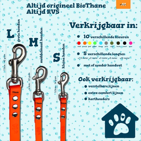 Laisse pour chien Miqdi BioThane - orange fluo - 13 mm de large - 2 mètres de long - avec poignée