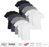 10 Pack Sol's Heren T-Shirt 100% biologisch katoen Ronde hals Wit, Zwart, Grijs, Lichtgrijs, Donkergrijs Maat M