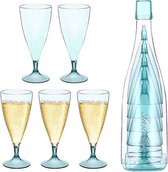 Set van 5 stapelbare champagneglazen, herbruikbare wijnglazen set, draagbaar champagneglas met verwijderbare voet, plastic champagneglazen voor picknicks, bruiloften, feesten (blauw)